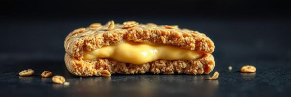 Delicious oat cookie filled with creamy peanut butter on a dark background photo