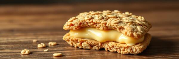 Oatmeal cookie sandwich with creamy filling placed on wooden surface in dim light photo