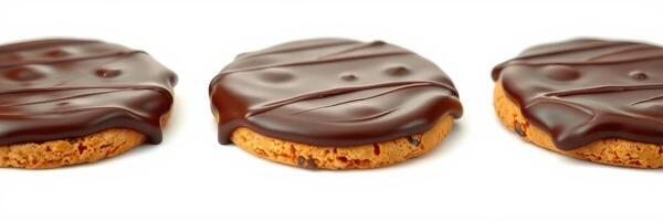 Delicious chocolate covered cookies arranged neatly on a white surface for temptation and treat enjoyment photo