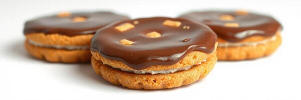 Delicious chocolate-covered cookies with cream filling and crunchy pieces enjoyed at any time photo