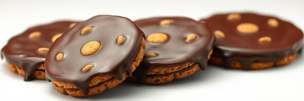 Delicious chocolate-covered cookies with nutty accents arranged neatly on a light background photo