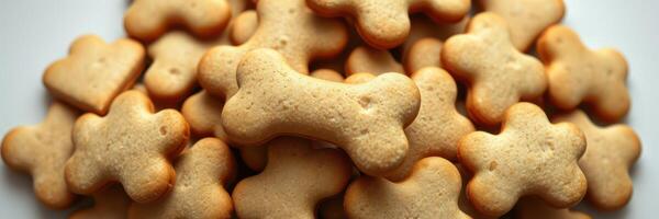 Delicious homemade dog biscuits in various bone shapes stacked together on a light background photo