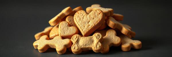 Dog treats shaped like bones and hearts arranged on a dark background for pet enjoyment photo