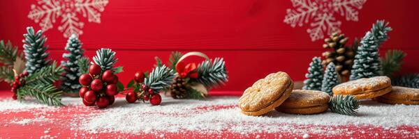 Festive winter scene with cookies and decorations on a red background photo