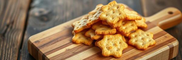 Crunchy star-shaped crackers stacked on a wooden cutting board with rustic background photo