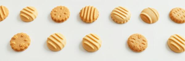 Different types of round cookies arranged neatly on a white surface ready for serving photo