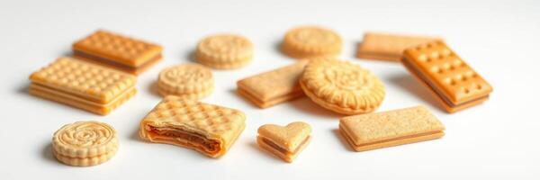 Various types of golden cookies arranged artfully on a light background for a delightful treat display photo
