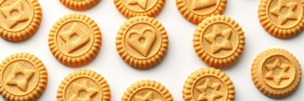 Assorted decorative cookies arranged on a white background with unique symbols and shapes photo