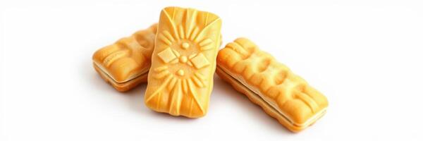 Delicious golden cream-filled biscuits arranged on a white background ready for a tasty snack or dessert occasion photo