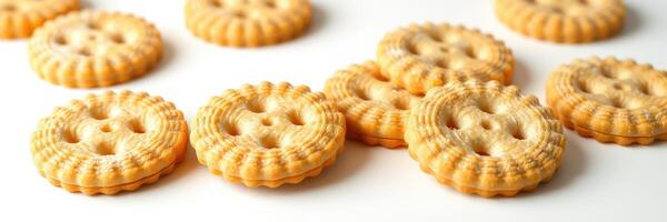 Creative arrangement of button-shaped crackers on a white background showcasing delightful texture and design photo