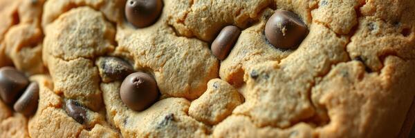 Delicious freshly baked chocolate chip cookies on a wooden surface with a warm, inviting appearance photo