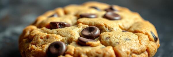 Delicious cookie with chocolate chips on a dark background in a cozy kitchen setting photo