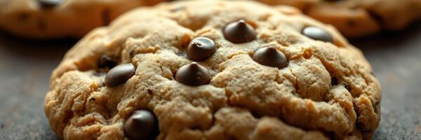 Delicious homemade chocolate chip cookies on a dark kitchen counter, warm and freshly baked, ideal for sharing with friends photo