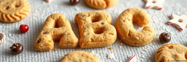 Decorative cookies shaped like letters displayed on a textured surface with festive accents photo