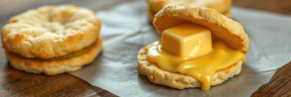 Freshly baked biscuits with melting butter served on parchment paper during a cozy breakfast setting photo