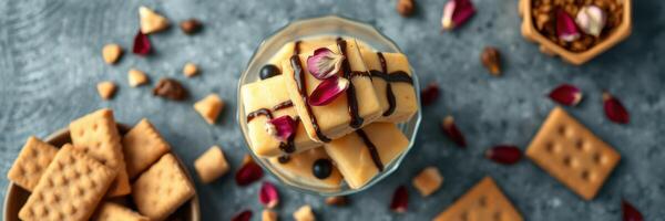 Delicious dessert platter with cookies and chocolate garnished with flowers on a blue background photo