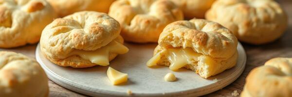 Delicious homemade cheese-filled pastries on a plate with melted filling spilling out photo