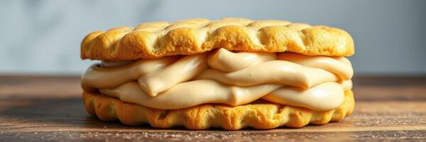 Delicious dessert sandwich with creamy filling displayed on wooden table in a cozy setting photo