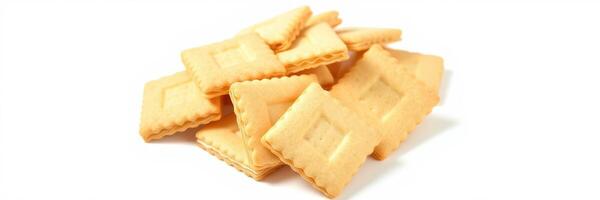 Delicious rectangular crackers stacked together on a white background for snack time enjoyment photo