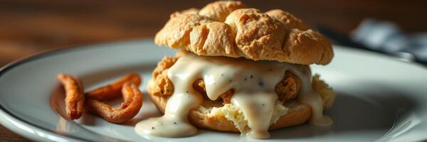 Delicious homemade biscuit sandwich with creamy gravy and crispy chicken served on a rustic plate photo