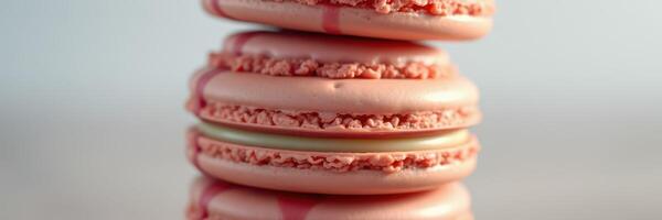 Pink macarons stacked in a visually appealing arrangement on a light background photo