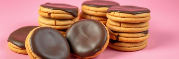 Deliciously crafted cookies with smooth chocolate coating on a pink background photo