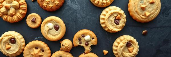 Variety of homemade cookies arranged on a dark surface showcasing different shapes and toppings photo