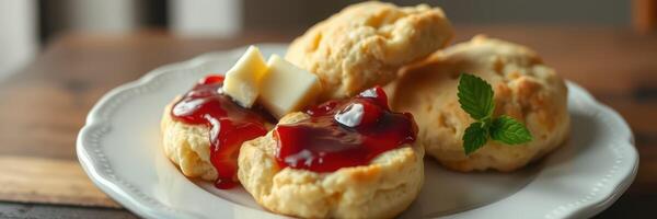 Freshly baked biscuits served with butter and cherry jam on a rustic table photo