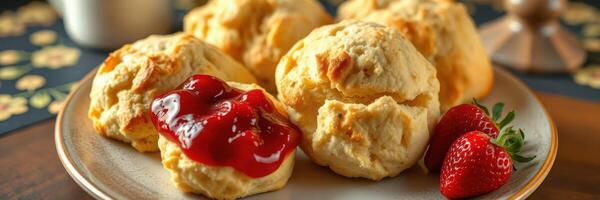 Deliciously baked scones served with strawberry jam and fresh strawberries on a wooden table photo