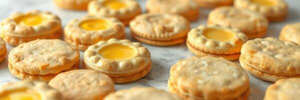 Delicious cookies with bright yellow filling arranged on a marble surface at a bakery photo