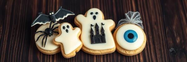 Halloween themed cookies featuring ghosts, a spider, and an eye on a wooden background photo