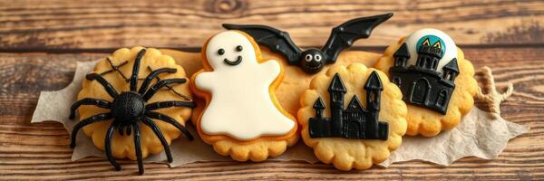 Colorful Halloween cookies shaped like ghosts, bats, spiders, and castles on a wooden table photo