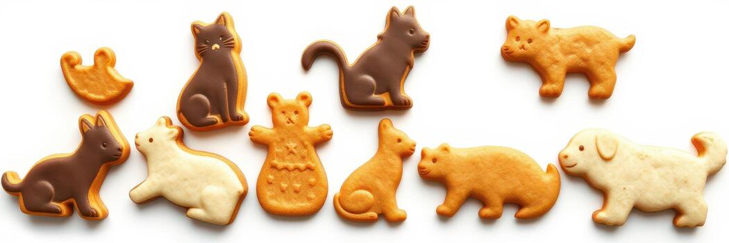 Assorted animal-shaped cookies arranged on a white surface with playful designs and various colors to delight children's parties photo