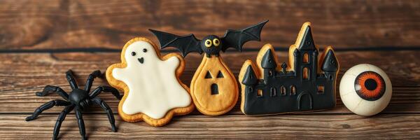 Colorful Halloween-themed cookies displayed on a wooden surface featuring spooky designs like ghosts, bats, and spider motifs photo