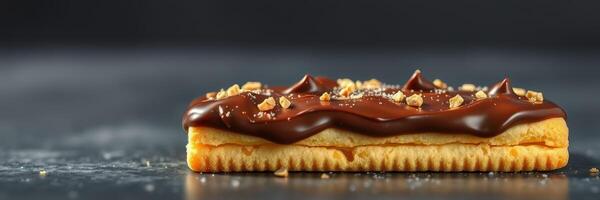 Delicious chocolate-covered pastry topped with crushed nuts on a dark background photo