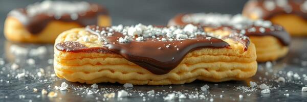 Delicious pastry topped with rich chocolate and sprinkled with powdered sugar on a dark surface photo