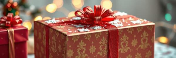 Beautifully wrapped Christmas gifts with festive decorations and warm lights in the background create a joyful atmosphere photo