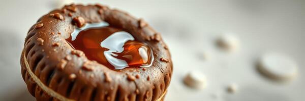 Delicious chocolate cookie filled with caramel sauce on a textured surface in a light setting photo
