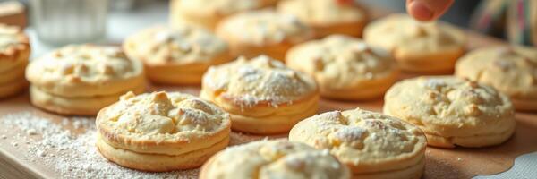 Baking delicious cookies with powdered sugar on a wooden board in a cozy kitchen photo