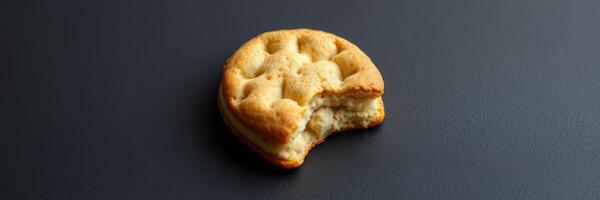 Bite taken out of a freshly baked cookie on a dark background photo