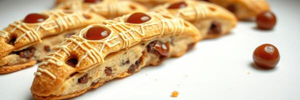 Deliciously decorated cookies with chocolate and caramel toppings showcased on a clean surface photo