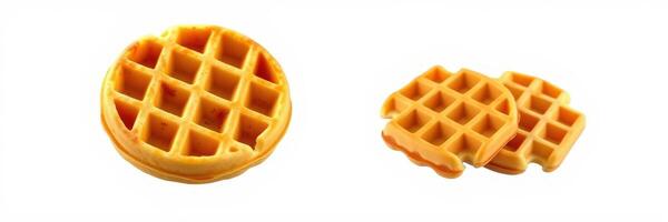 Waffles served on a plate, featuring a round waffle next to stacked pieces of a broken waffle photo