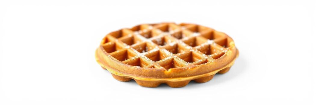 Freshly made waffle topped with powdered sugar on a clean white background ready for serving at a breakfast table photo