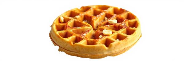 Golden waffle topped with syrup and butter on a plain background for breakfast photo