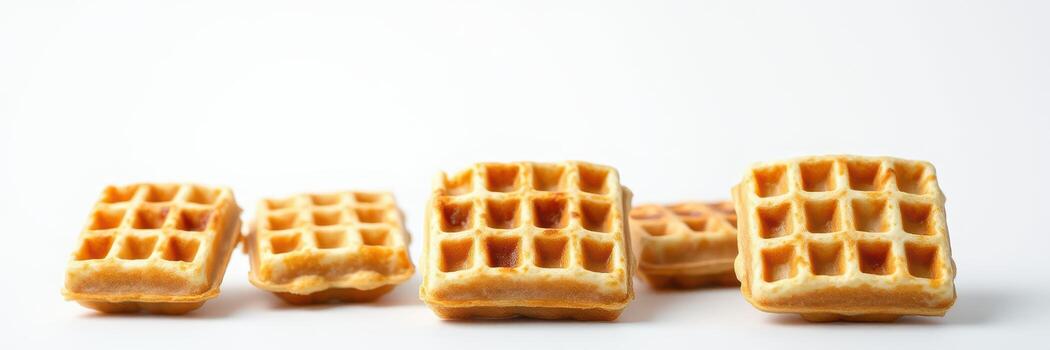 Delicious golden waffles arranged in a neat line on a clean surface during a bright morning photo