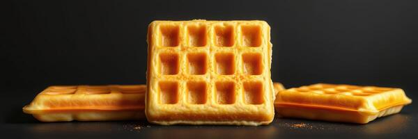Waffles stacked on a dark surface showcasing their golden texture photo