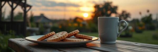 Enjoying cookies and coffee during sunset in a serene garden setting photo