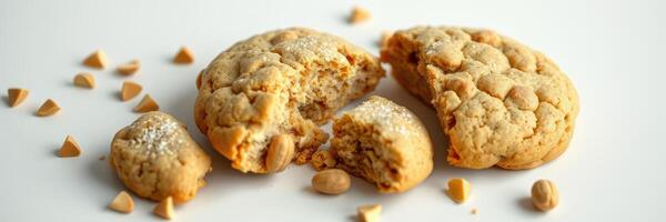 Homemade peanut butter cookies broken apart with chopped peanuts scattered around on a white surface photo