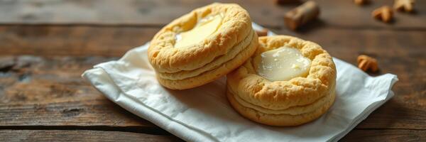 Delicious freshly baked cookies with melting butter on a rustic wooden table photo