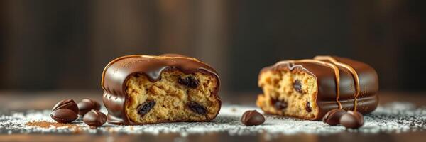 Delicious chocolate-covered cookie treats on a wooden table with coffee beans photo